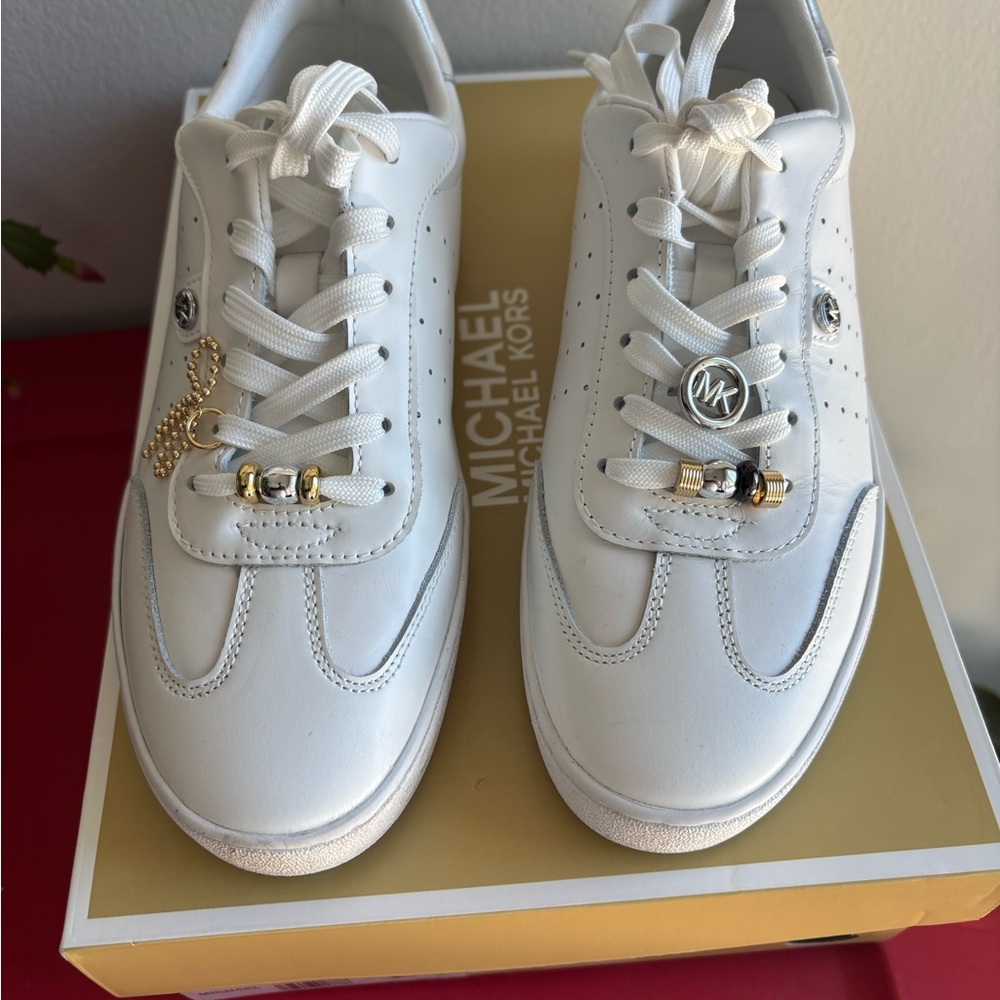 Michael Kors White Leather Sneakers with Gold & Silver Hardware